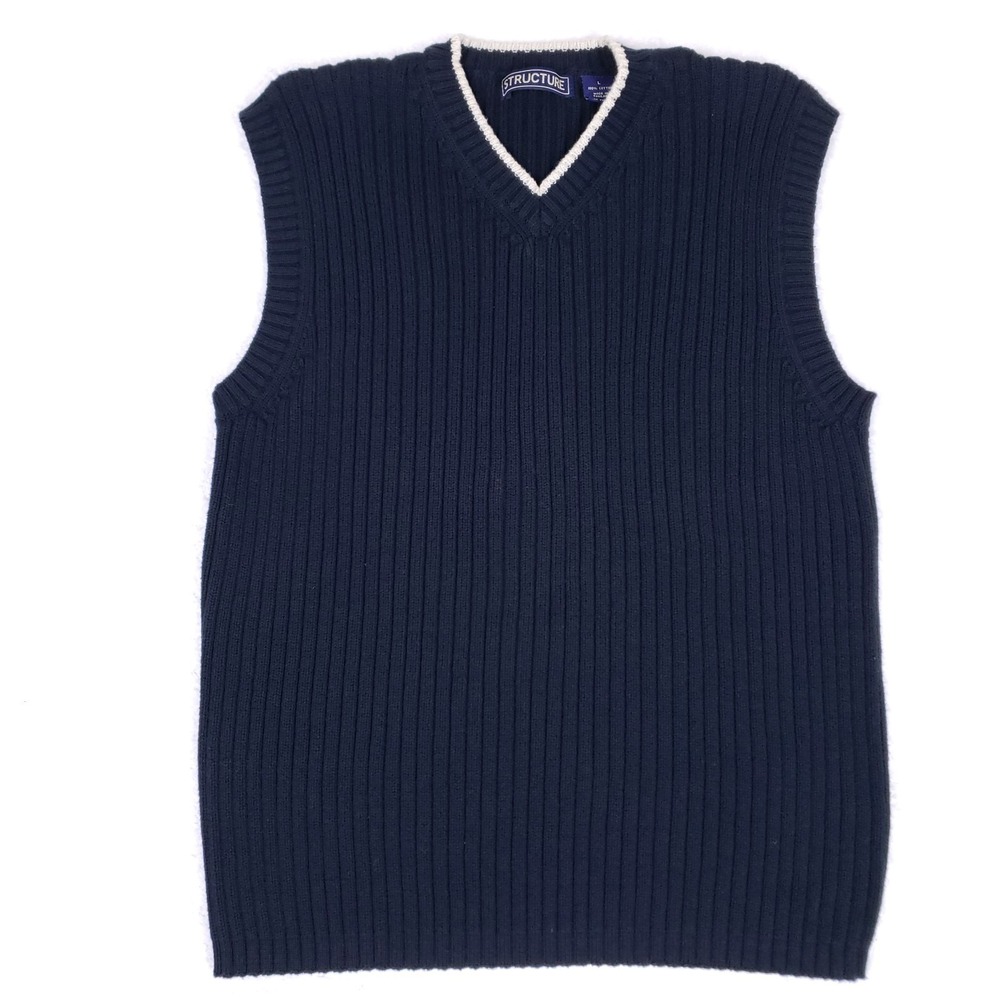 Structure Sweater Vest V Neck‎ Ribbed Knit Size L Navy Varsity Prep Ivy League